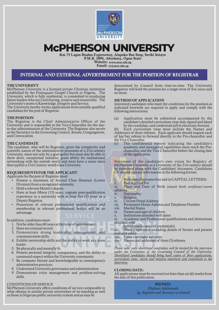 INTERNAL AND EXTERNAL ADVERTISEMENT FOR THE POSITION OF REGISTRAR